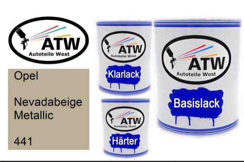 Opel, Nevadabeige Metallic, 441: 1L Lackdose + 1L Klarlack + 500ml Härter - Set, von ATW Autoteile West.